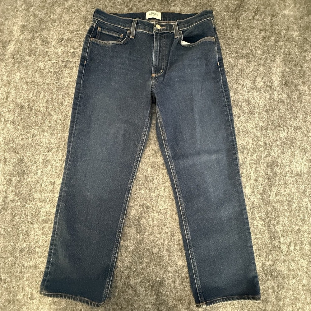 AGOLDE Kye Mid Rise Straight Crop Jeans Song Dark Wash Organic Stretch Denim 29